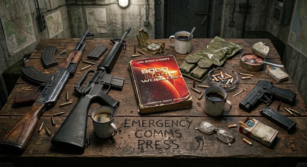 Emergency Comms Press — Bold Dark Worlds atmospheric brand image